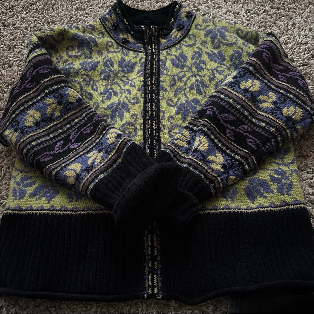 Women's Green and Purple Patterned Zip-Front Sweater Jacket